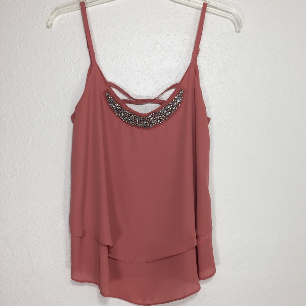 Blush Beaded Embellished Spaghetti Strap Dressy Cami Chiffon Double Layer - Picture 5 of 8